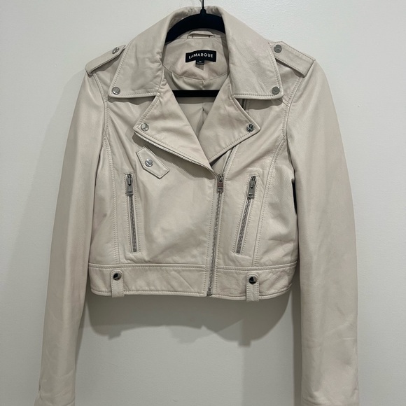 Lamarque Ciara Leather Moto Biker Jacket Bone Size Medium $625 - Picture 9 of 14